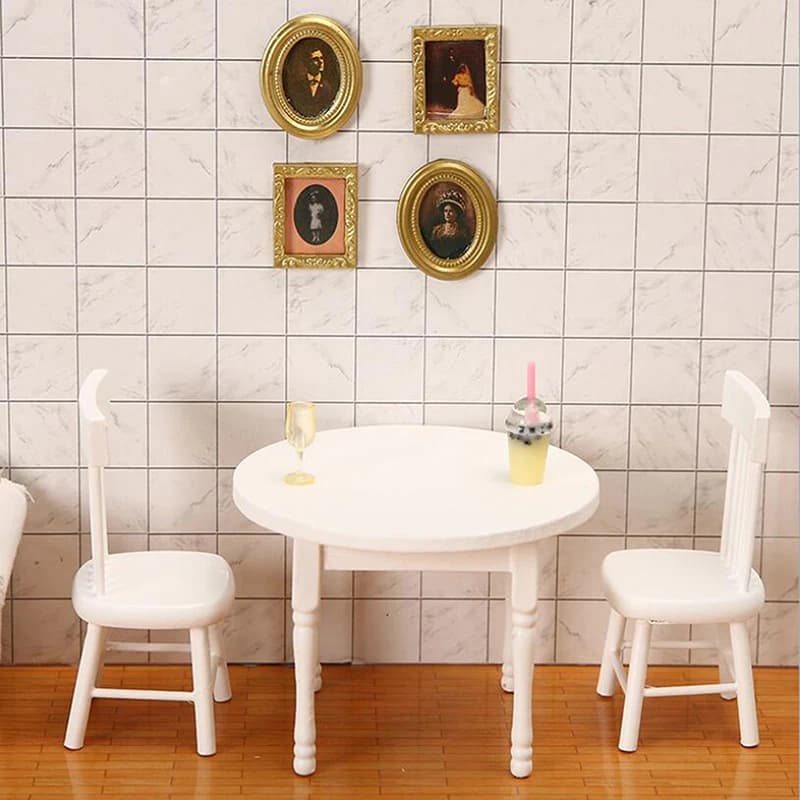 1/12 Dollhouse Miniature Furniture White Wooden Dining Table Chairs Model Toys