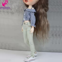Blythe Doll Jeans Short Pants and Plaid Blouse for Ob24 Ob22 Azone Doll Clothes
