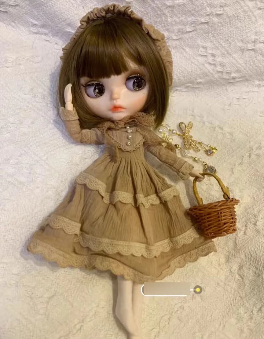 2025 2pcs vintage Rotre tea dyed Blythe Headwear/Main skirt 1/6 30cm(Fit for azone,Pullip,Ob22/24/26, Licca)