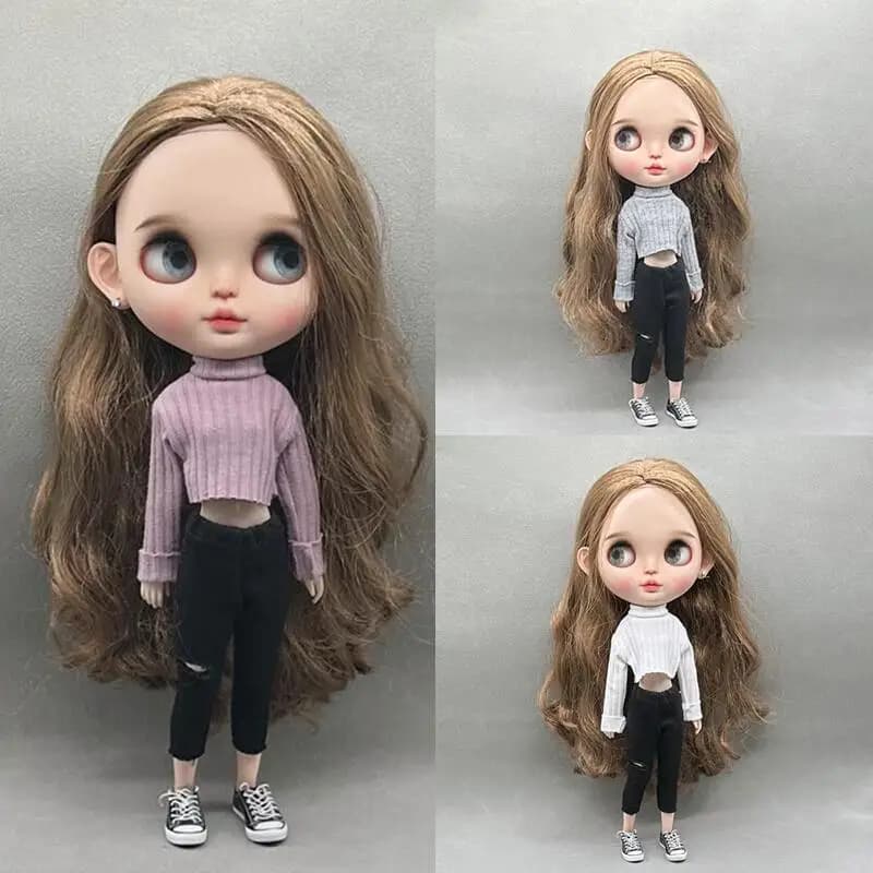 DLBell Handmade Blythe Doll Clothes Fashion Sweater Knitted Short Top and Jeans Pants for Blyth OB24 Dolls Accessories