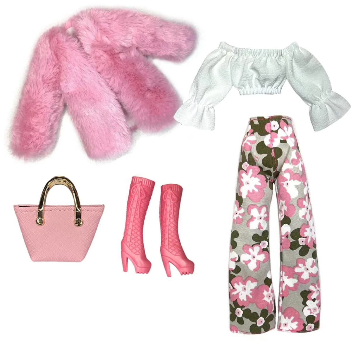 Pink Winter Fur Coat Jacket with Flower pants Set for 27-30cm Doll Clothes Outfits Overcoat for 1/6 BJD Dolls Accessories Toys