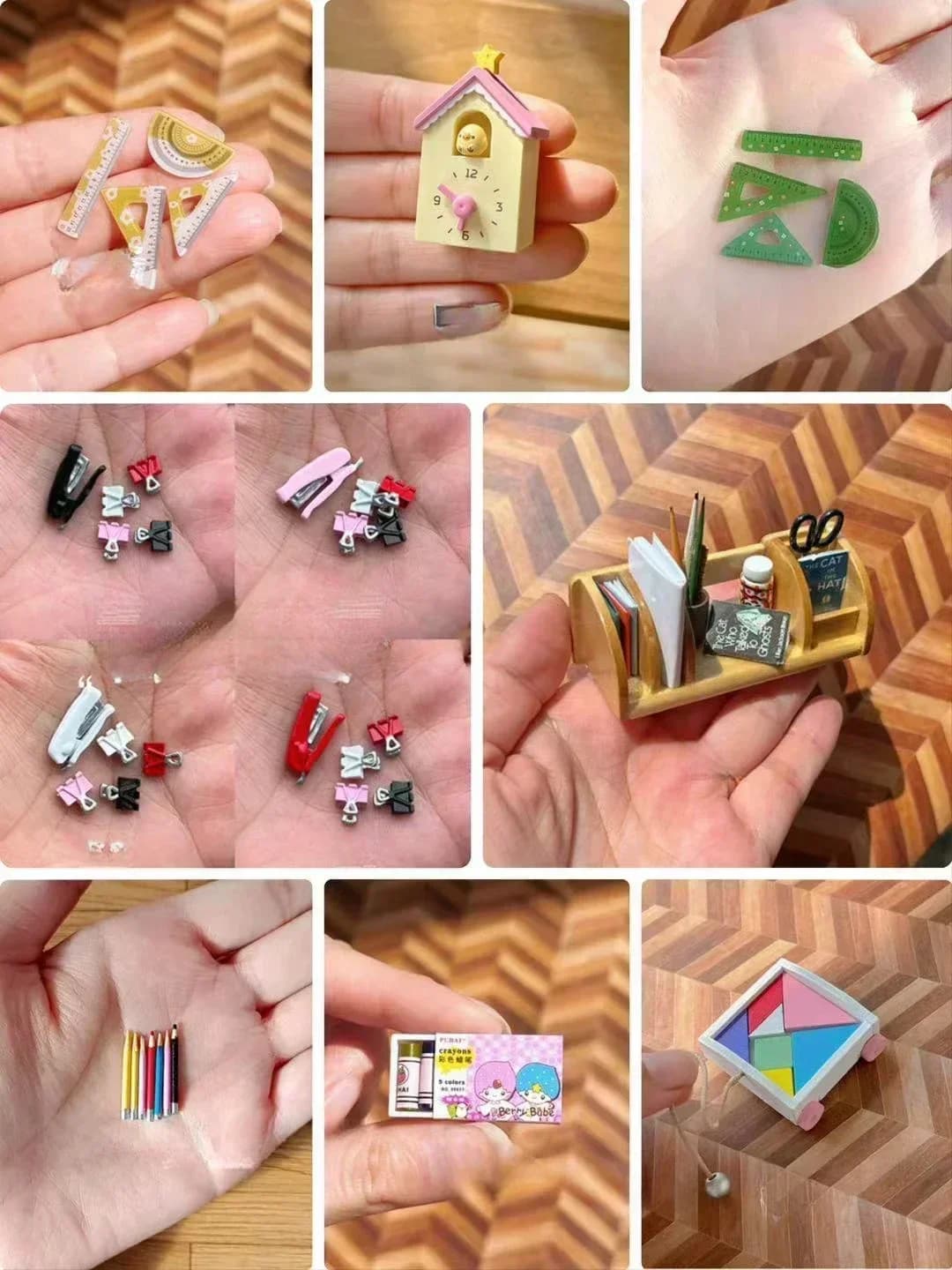 DollHouse Wooden Oil Paint Box Color Pencil Crayon Model Set Utility Knife Glue Stapler Origami Math School Accessories Bjd Doll
