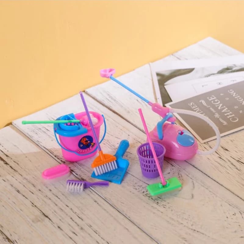 9Pcs Dollhouse Mini Mop Broom Toys Cleaning Tools Kit Model For Doll House Decoration Accessories Kids Pretend Play Toys