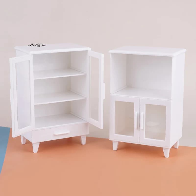 1Set Miniature White Cupboard Display Cabinet Storage Lockers +ornament Furniture Model Decor Toy DollHouse Accessories