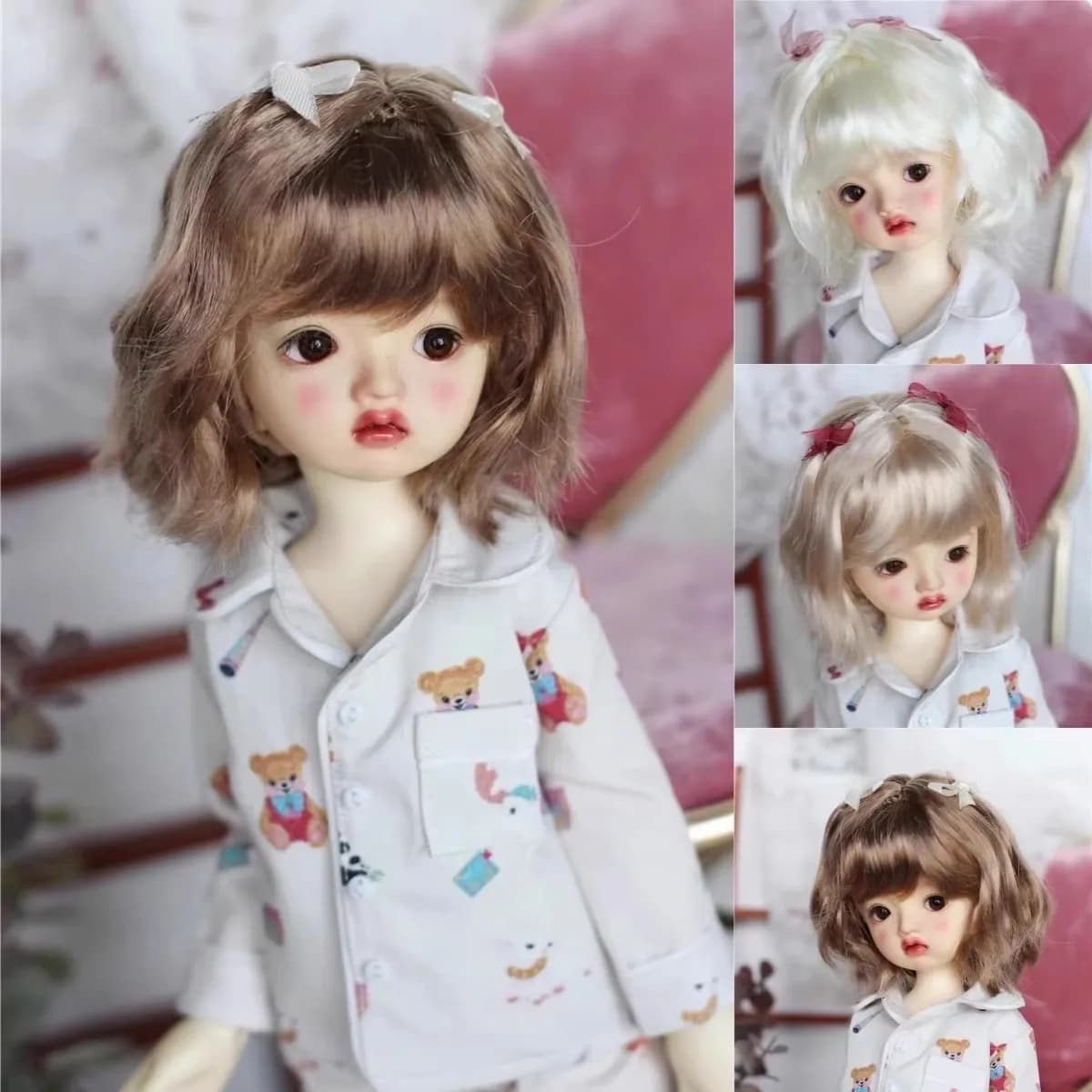 BJD Doll Girls Cute Wig 1/6 1/4 1/3 Milk Silk Natural Butterfly Knot Cute Toy Shoulder-Length Hair Wig Doll Accessories(no doll)