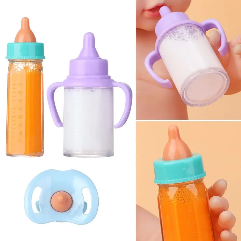 18inch Doll Magic Milk Juice Bottles with Pacifier Bibs Dollhouse Plastic Nipple Bottle fit Newborn Dolls for Toys Accessories