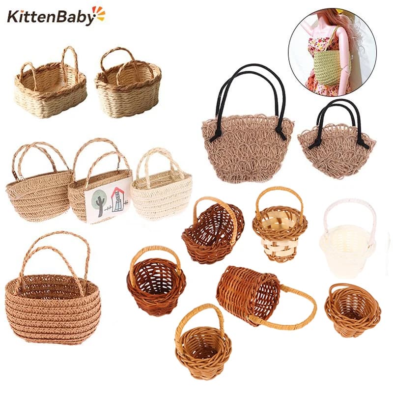 1/12 Dollhouse Woven Bread Basket Shopping Basket Straw Handbags Dollhouse Weaving Beach Bag For Dolls Miniature Decoration
