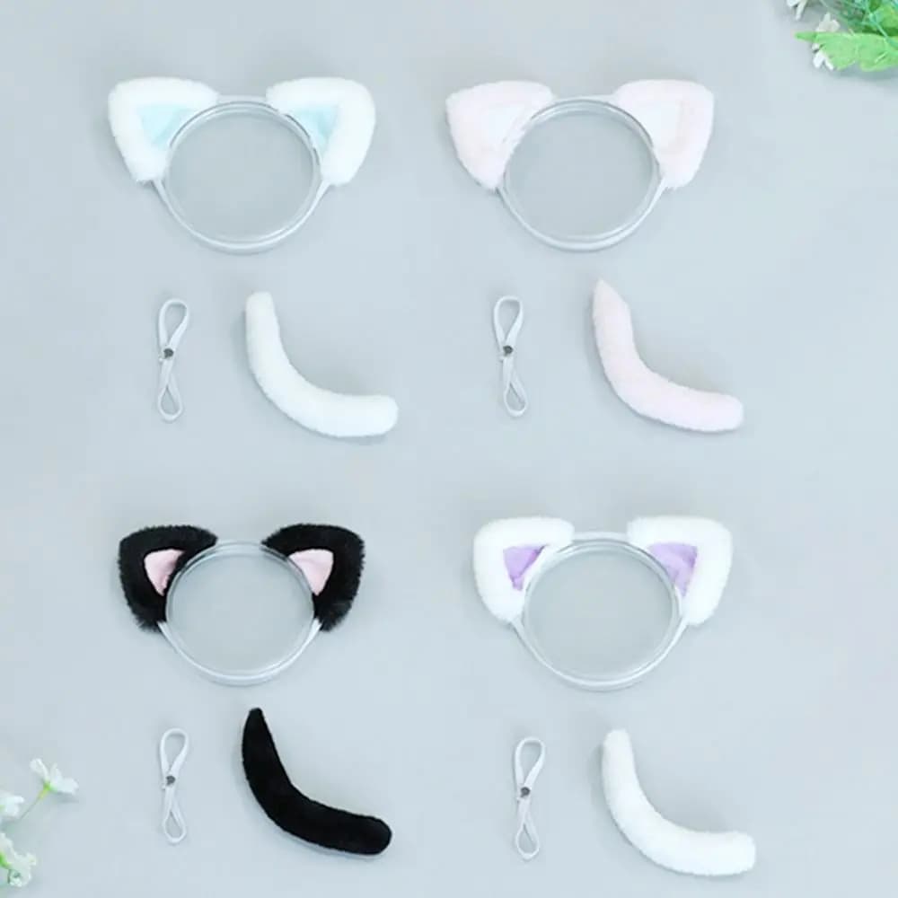 20CM Dolls Accessories Plush Cat Ear Headband Soft Tail Plush Toys Doll Headwear For 14inch Doll Clothes Hair Decoration