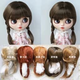 BJD Dolls Wig Blythe Girl Brown Cute Double Twist Braids Air Bangs for DIY Doll Accessories Size 9-10 ,10-11 Inch