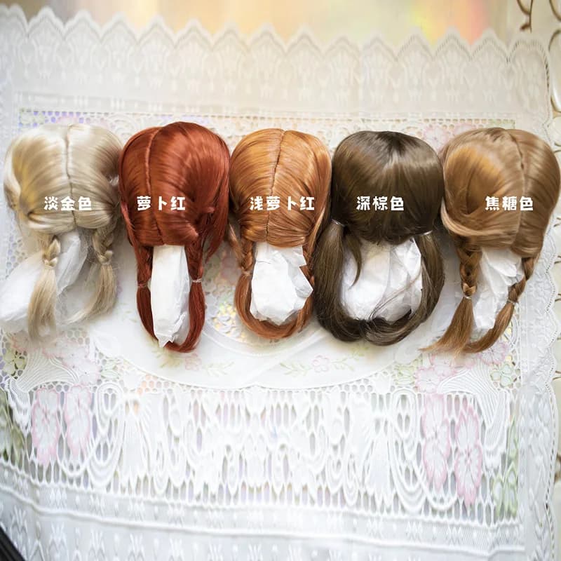 BJD Dolls Wig Blythe Girl Brown Cute Double Twist Braids Air Bangs for DIY Doll Accessories Size 9-10 ,10-11 Inch