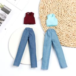 1/6 Princess Doll Clothes Fashion Denim Slacks Sleeveless T-suit Casual Pants Denim Grid Daily Wear Accessories Doll Clothing