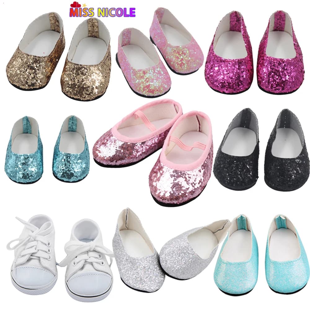 18'' Doll Mini Shoes 7 cm PU Sequin Shoes Wear For 43 cm New Baby Reborn Toys For American Dolls for Girl's Gift