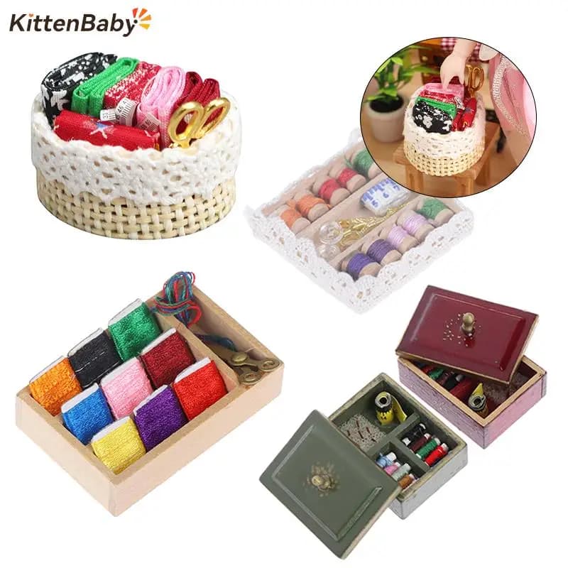 1/12 Dollhouse Miniature Accessories Sewing Tools Basket Model Simulation Scissors Cloth Ruler For Miniature Scene Decoration