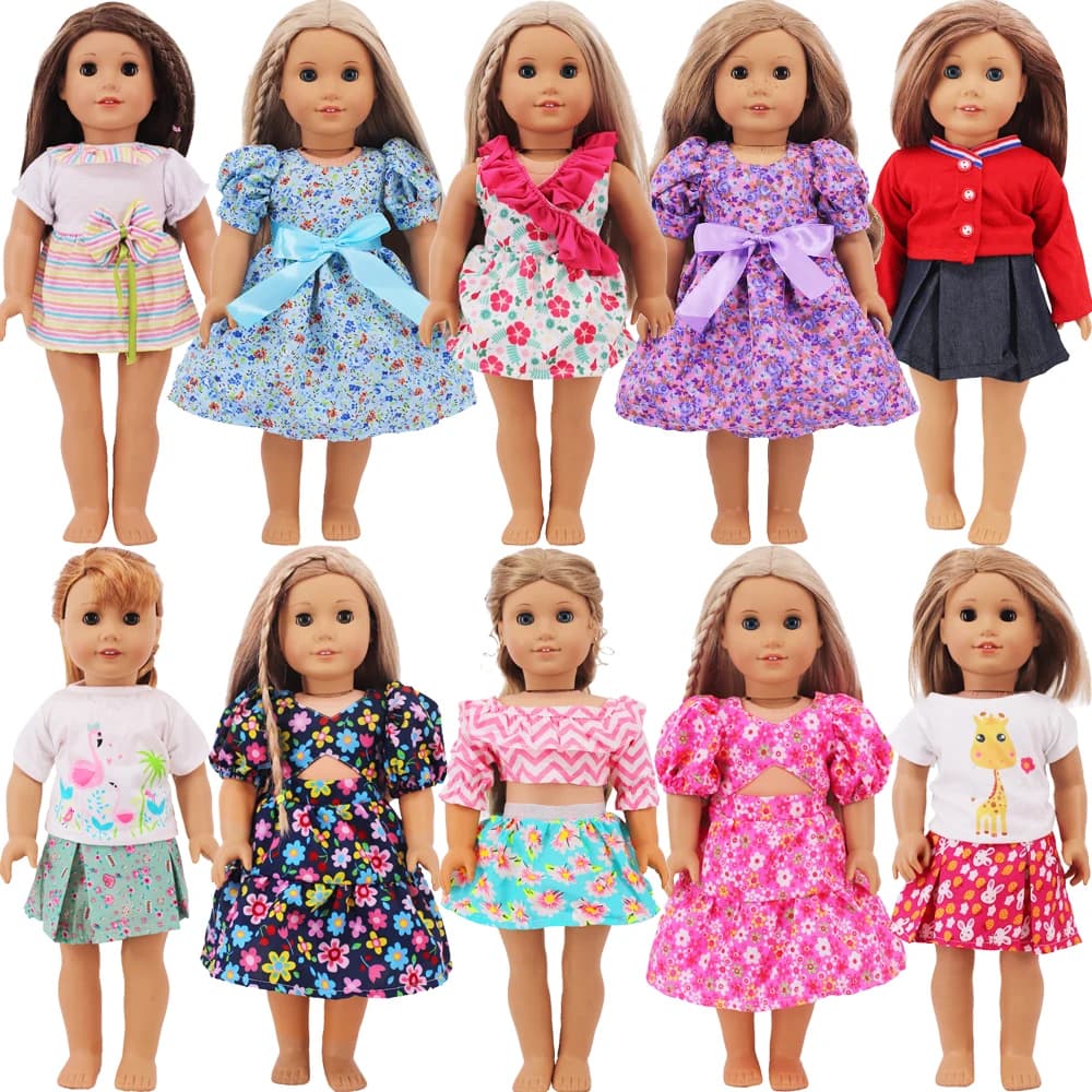 Doll Clothes Dress for 18inch American Doll& 43Cm Baby Doll T-shirt+Skirt Cute Bow Dress Our Generation Baby Girl's Toys Gift