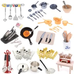 1:12 Dollhouse Miniatures Mini Kitchen Tableware Wooden Knife And Fork Metal Pot Set Doll House Toys Decor Accessories