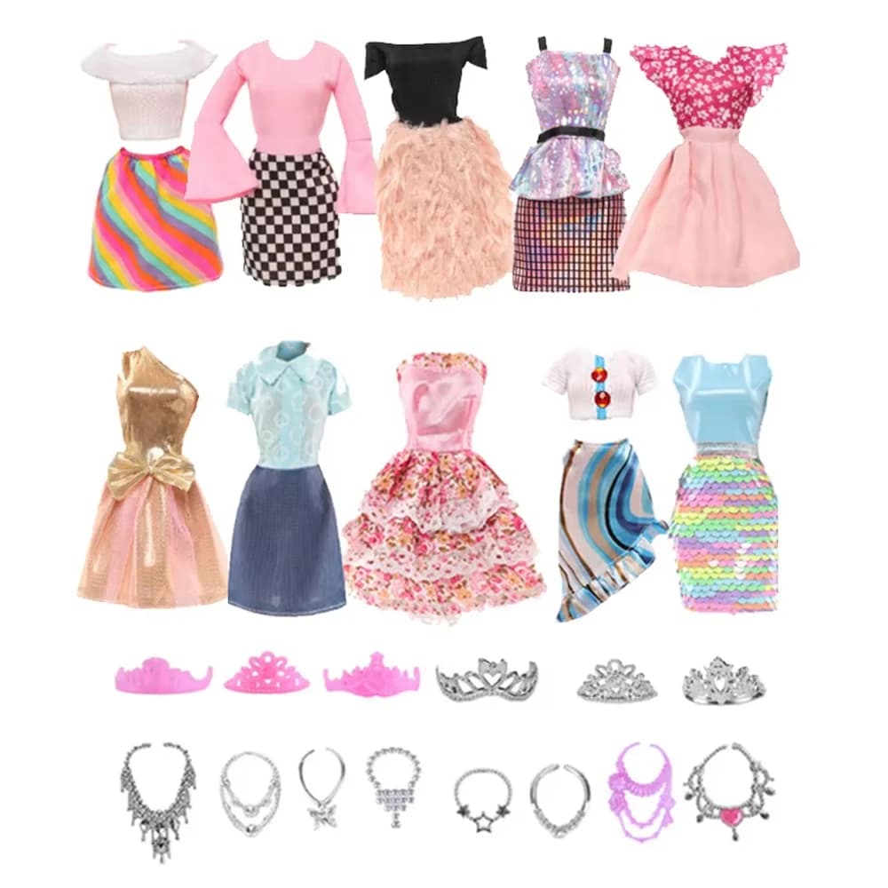 16pcs Set 30cm Doll Clothes And Accessories Include 4 Fashion Dresses 6 Crown 6 Necklace for 30cm Doll, Dressing Up