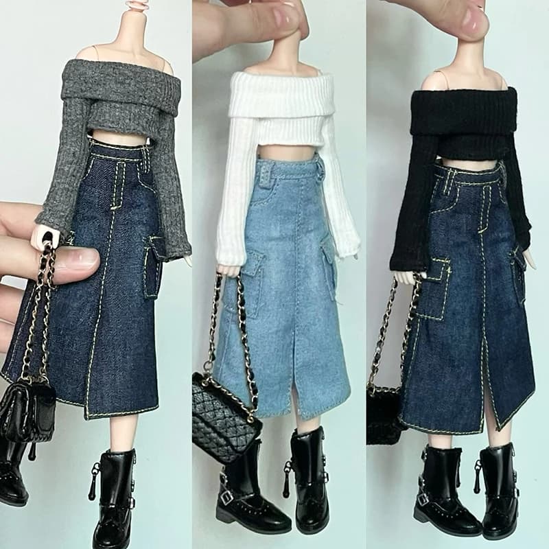 New Handmade Blythe Doll Clothes Off Shoulder Sweater Knit Tops and Split Denim Long Skirt Mini Dress for Blyth OB24 1/6 Dolls
