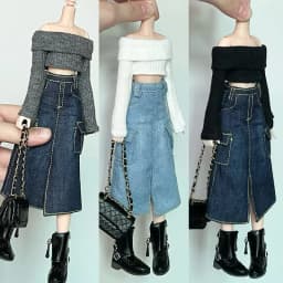 New Handmade Blythe Doll Clothes Off Shoulder Sweater Knit Tops and Split Denim Long Skirt Mini Dress for Blyth OB24 1/6 Dolls