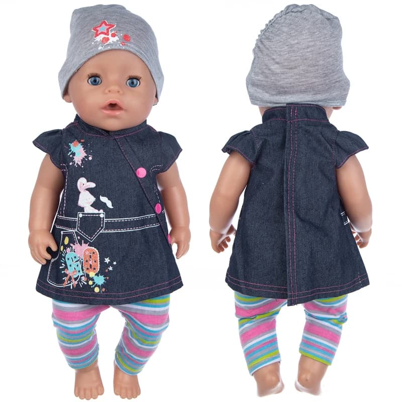 17" Baby Doll Clothes Hat Tights Leggings 43cm Baby Dolls Denim Dress Toys Wears Children Gifts