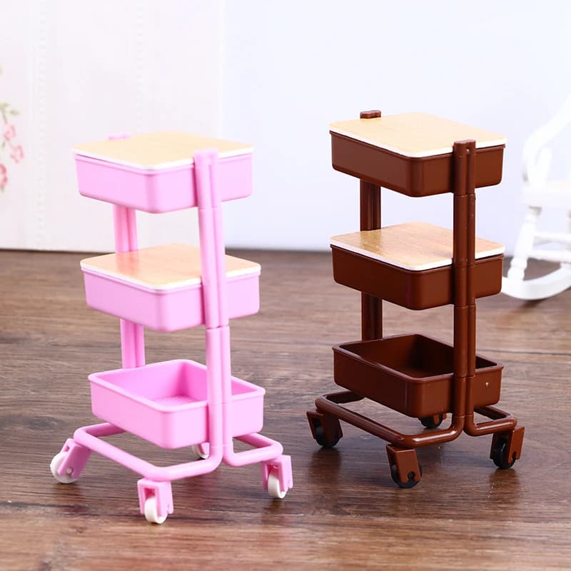 1Set 1:12 Dollhouse Miniature Trolley Dining Cart with Wheels Storage Display Shelf Bookshelf Furniture Model Decor Toy