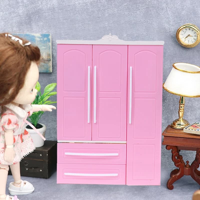 Three-door Pink Modern Wardrobe for Dolls Furniture Clothes Accessories Toys