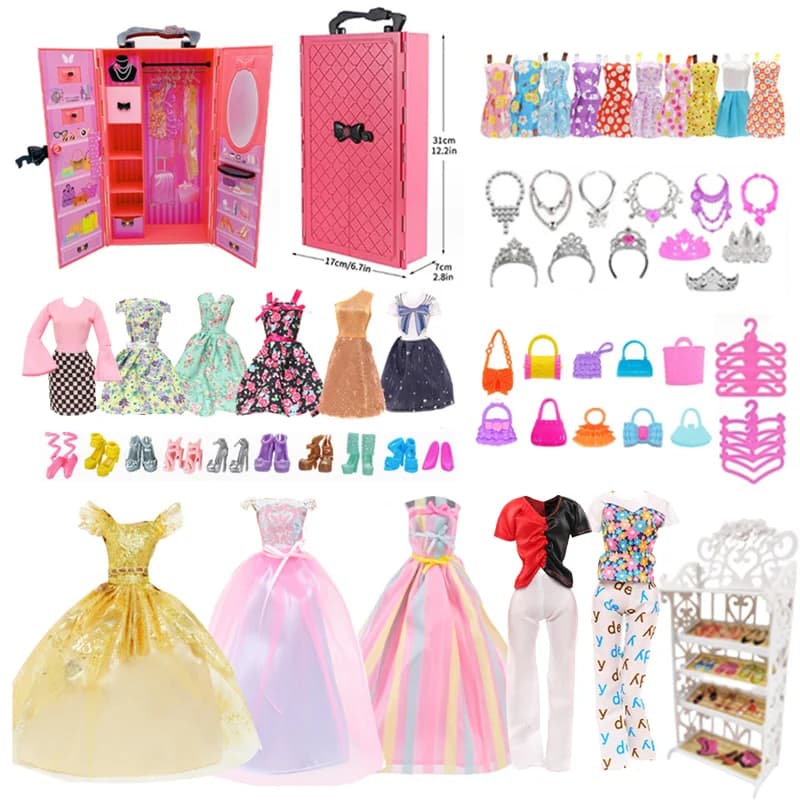 73pcs Set Doll Accessories Playsets Include Wardrobe Shoes Rack Evening Dress Fashion Top and Pants Necklace Christmas Gift