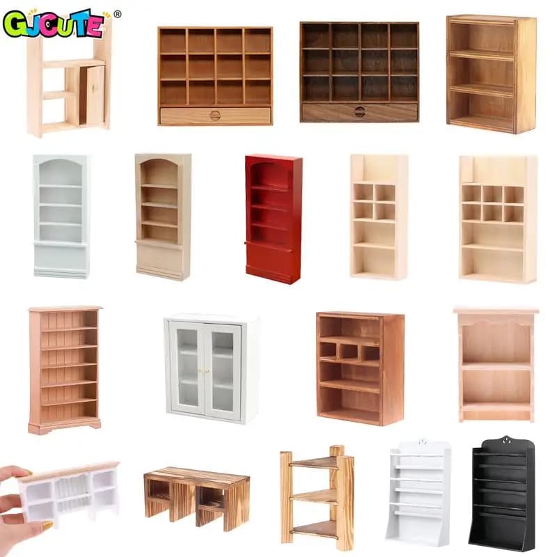 1/6 1/12 Dollhouse Miniature Bookcase Storage Rack Mini Wood Cherry Display Shelf Cabinet Cupboard Doll House Furniture Model