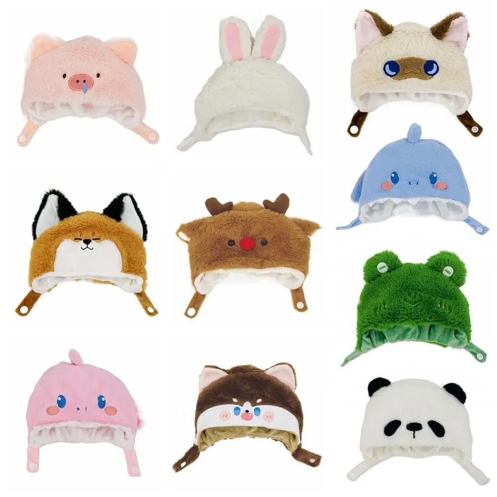 20cm Doll Headgear Cute Plush Hat Pig Rabbit Cat Cartoon Animal Ear Cap Change Dressing Game Cos Outfit DIY Doll Accessories
