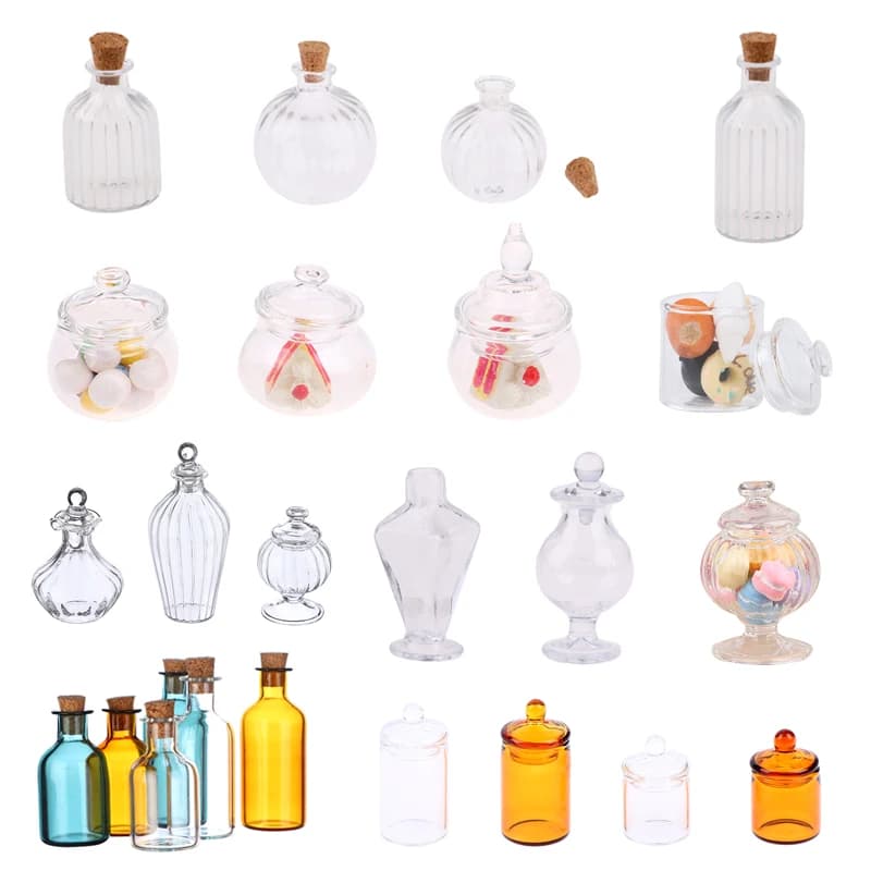 1PC 1:12 Dollhouse Miniature Glass Candy Jar Vintage Striped Jar Candy Bottle Model Toys Furniture Doll house Decor Accessories