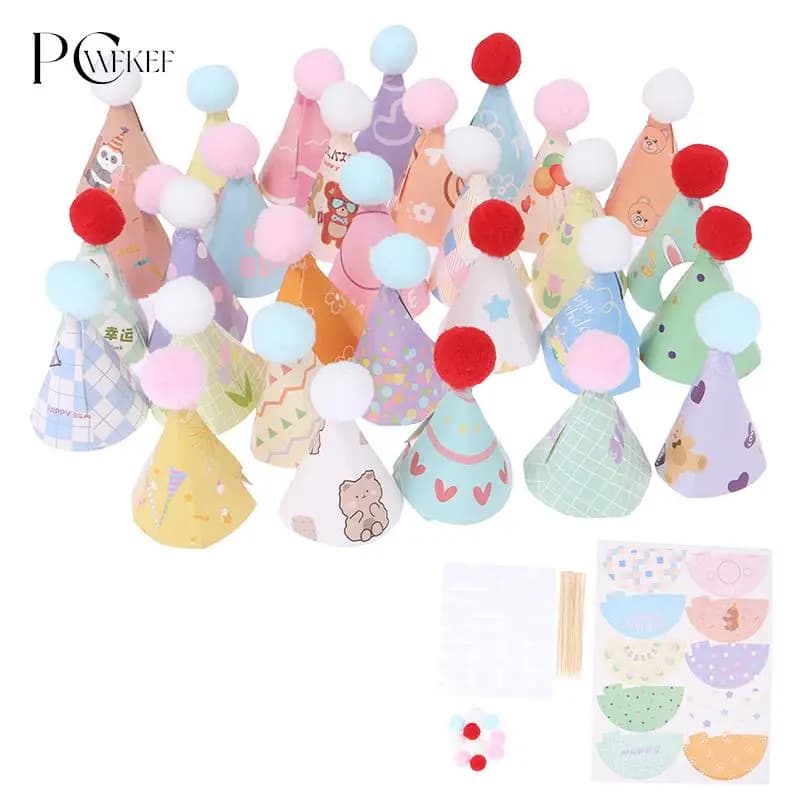 10Pcs DIY Mini Hat Baking Cake Topper Baking Insert 1:12 Dollhouse Miniature Hat Bear Birthday Cap Hairball Christmas Decor Toy