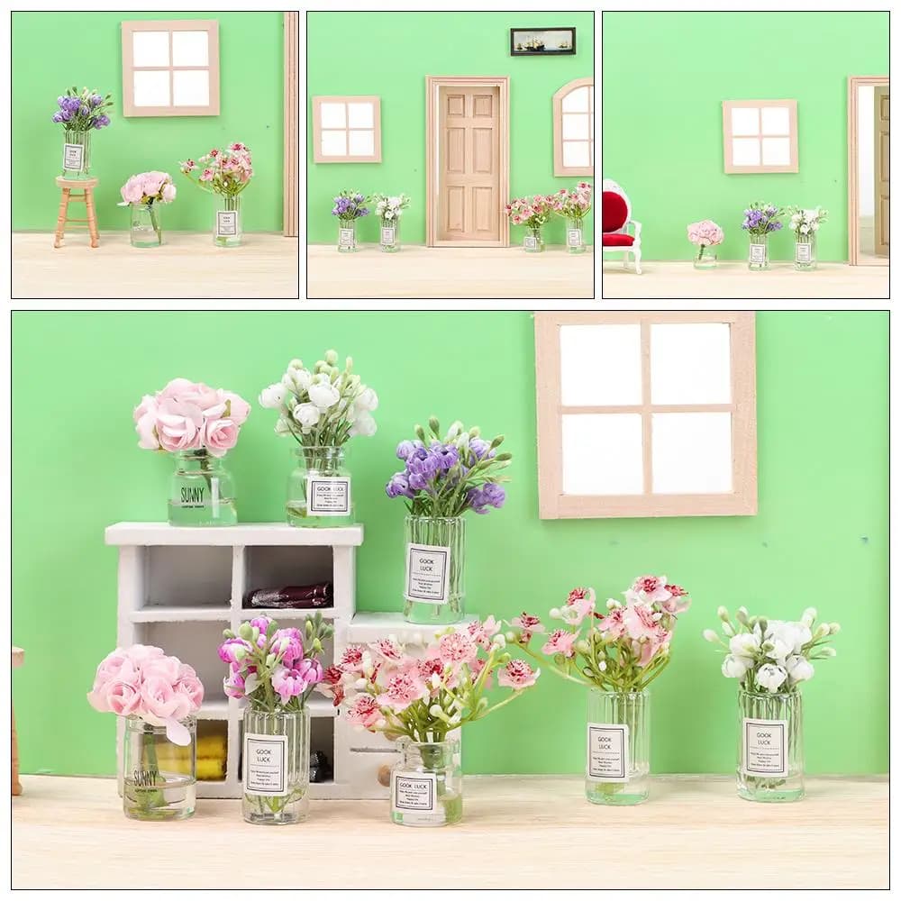 1:12 Scale Dollhouse Flower Vase Doll Accessories Pink Rose White Jasmine Mini Floral Arrangement Miniature Model Furnitue Gift