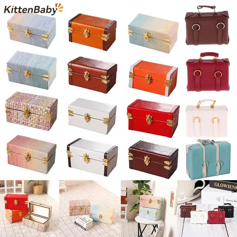1:12 Dollhouse Miniature Suitcase Vintage Leather Luggage Box Storage Box Home Model Decor Toy Doll House Accessories