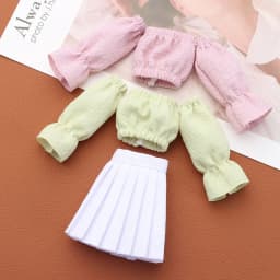 30CM Doll Clothes Fashion Puff Sleeve Tops Short T-shirt Plaid Pleated Skirt For 1/6 Bjd Dolls Accessories Dress Up Doll Gift