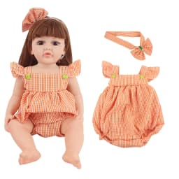 22 Inches Baby Doll Dress Yellow Plaid Skirt+Hairband Outfit Clothes Suit For 55cm Reborn Girl Doll Accessories Toy