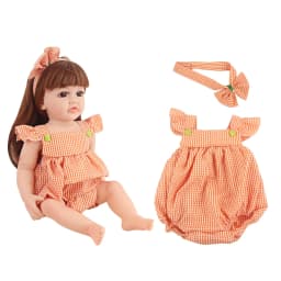 22 Inches Baby Doll Dress Yellow Plaid Skirt+Hairband Outfit Clothes Suit For 55cm Reborn Girl Doll Accessories Toy