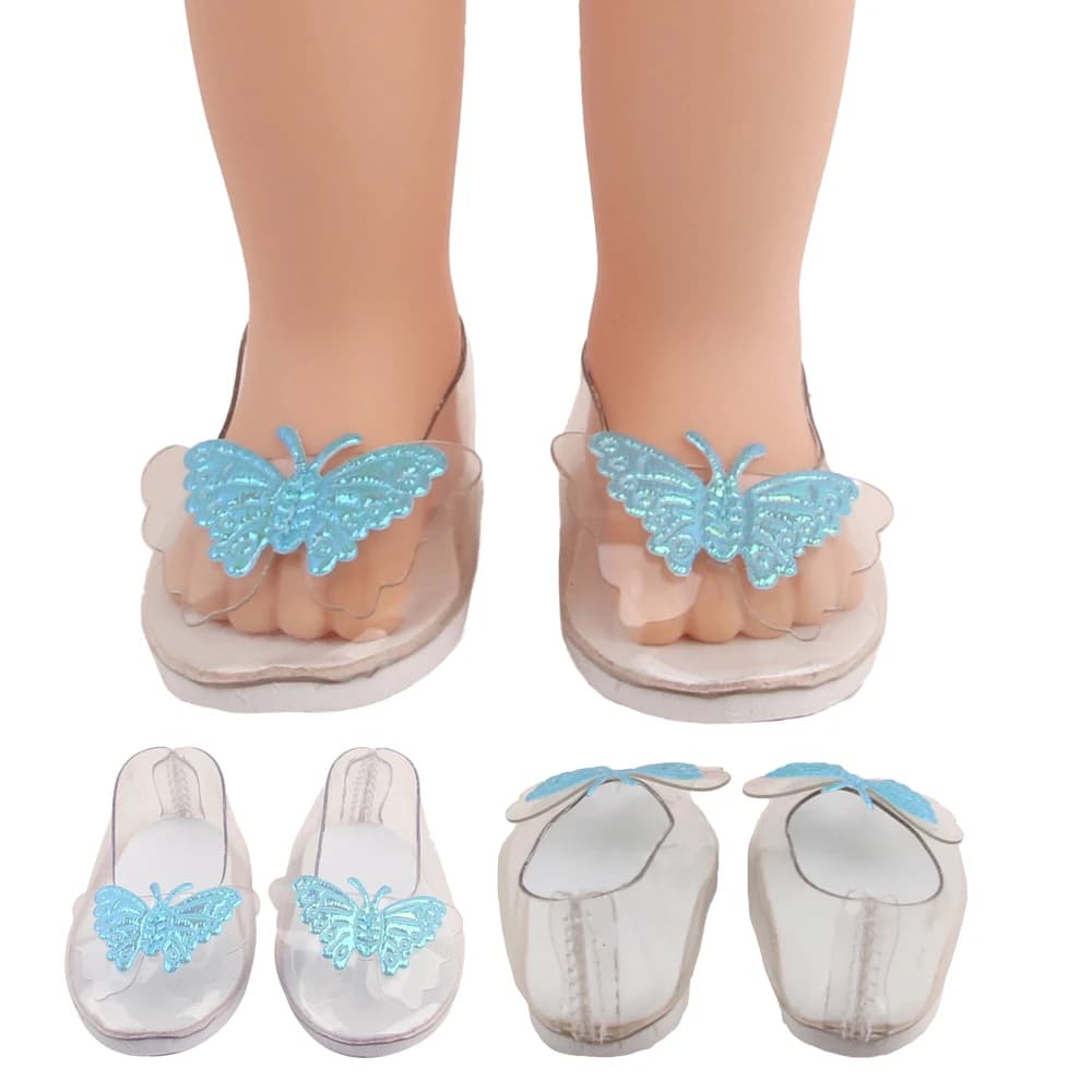 7cm Transparent Doll Shoes For 18Inch American Doll Blue Butterfly Princess Shoes For 43cm Baby Newborn&Russia,BJD,OG Girl Doll