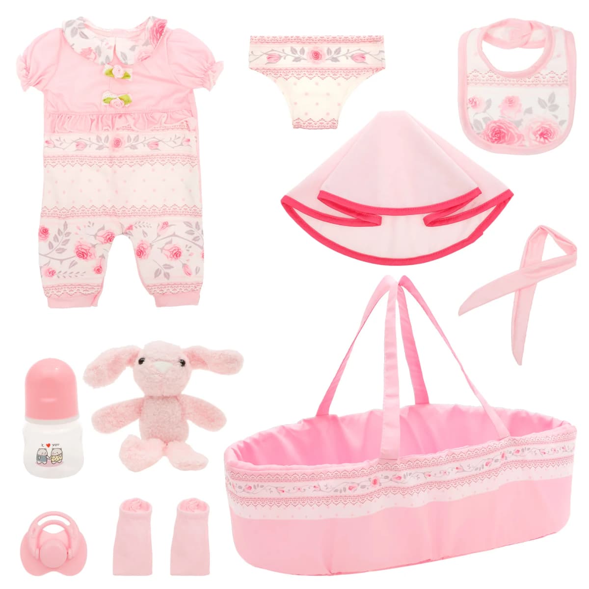 10 Pcs Doll Clothes Set Portable Baby Doll Accessories Set with Bassinet Diaper Pacifier Feeding Bottle for Children Toddler