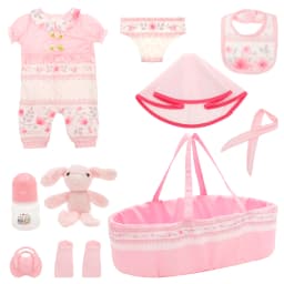 10 Pcs Doll Clothes Set Portable Baby Doll Accessories Set with Bassinet Diaper Pacifier Feeding Bottle for Children Toddler