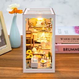 Wooden DIY Book Nook Kit Miniature Doll House 3D Puzzl Bookend Toy Assembly Model Building Bookshelf Insert Decor With LED Light