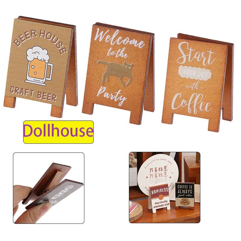 Dollhouse Miniature Simulation Wooden Billboard Bakery Coffee Shop Beer House Signboard Model DIY Play House Toys Accessories