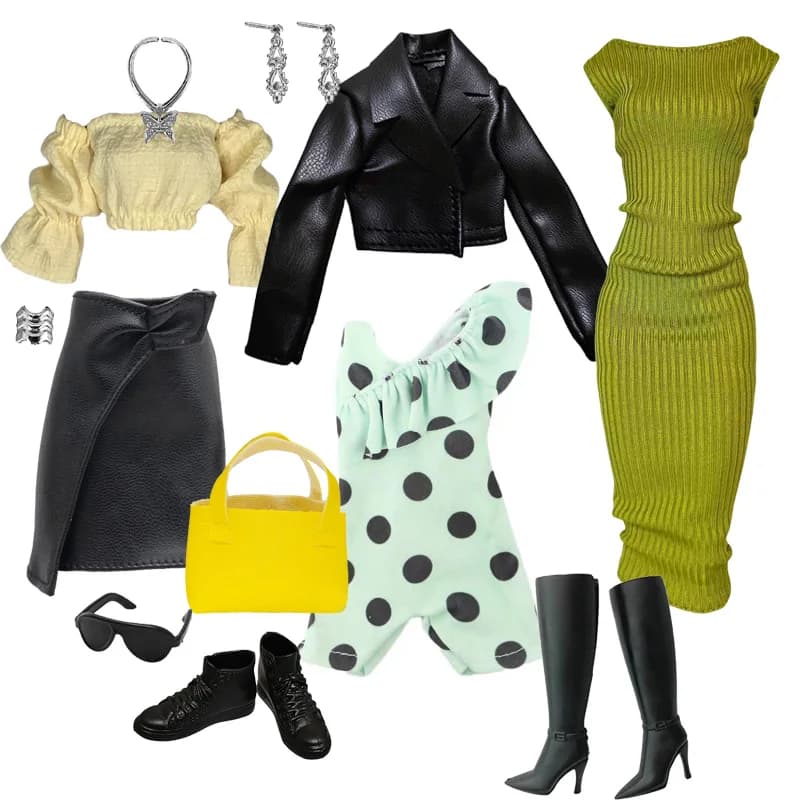 1/6 Doll Clothes Fashion Mix Green Dress Bag Shoes Suit for 12 inch Fashion Doll Outfits Handmade 30cm Doll Clothing Accessories