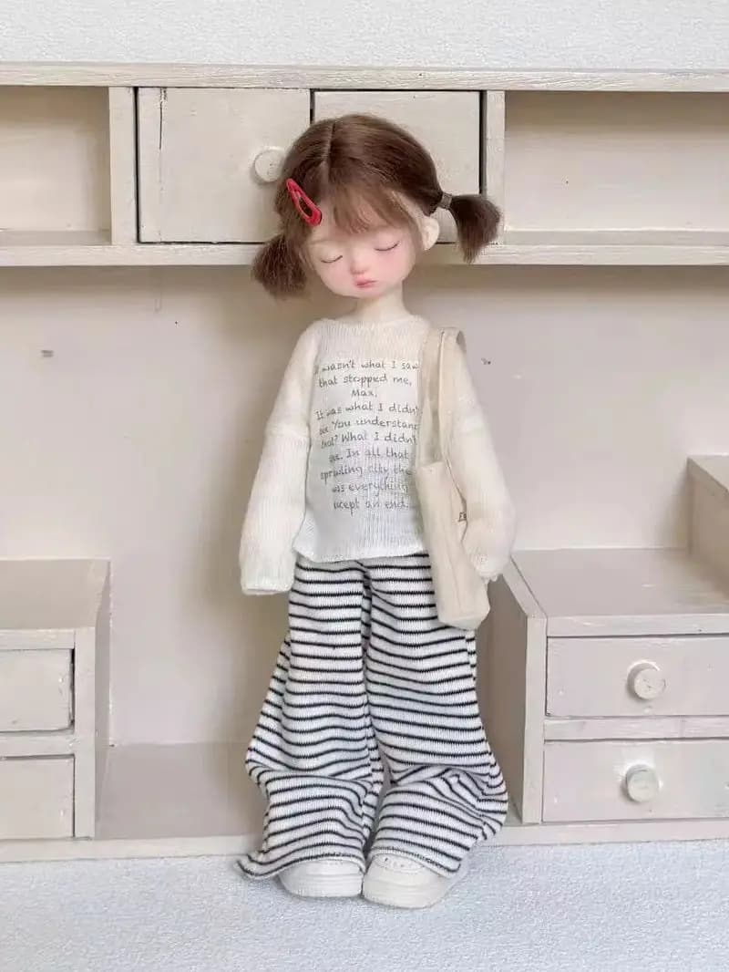 BJD (1/6 BJD Doll Clothes) Baby Clothes Leisure Walking Set Cover dress Striped Long Pants Cloth Bag--Trendy Doll Outfit