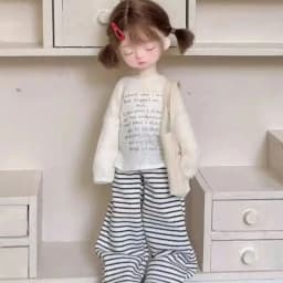 BJD (1/6 BJD Doll Clothes) Baby Clothes Leisure Walking Set Cover dress Striped Long Pants Cloth Bag--Trendy Doll Outfit