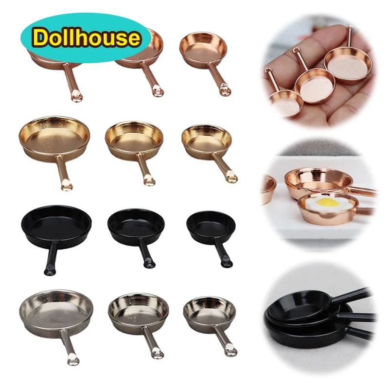 1Set 1:12 Dollhouse Miniature Frying Pan Casserole Metal Cookware Kitchen Model Decor Toy Doll House Accessories