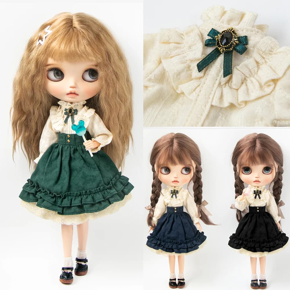 Blyth Clothes Retro Palace Style Ruffled Stand Collar Shirt High Waist Skirt Suit for Licca Azones Ob22 Ker YMY Doll Accessories