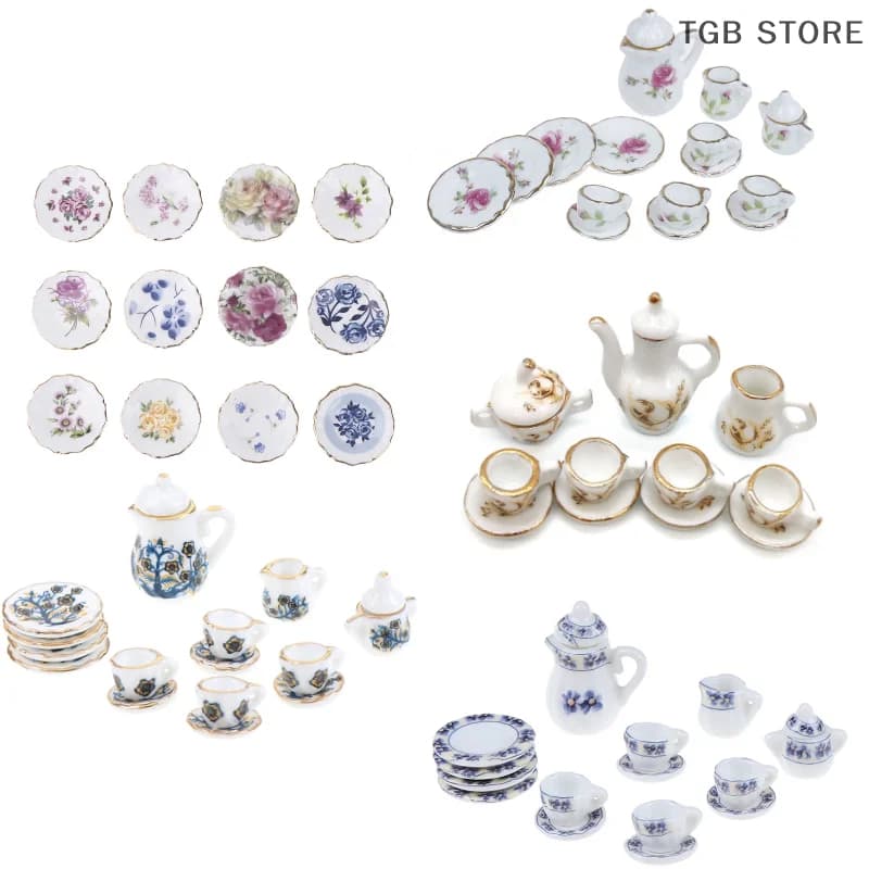 1Set 1:12 Miniature Porcelain Tea Cup Set Chintz Flower Tableware Kitchen
