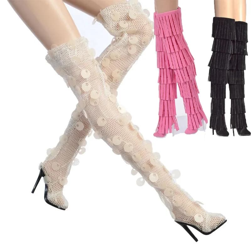 1/6 Doll Toy Solid Color Tassel Long Tube Boots Hollow Velvet Shoes Action Figures Accessories For FR2 12 Inch Female Model Body