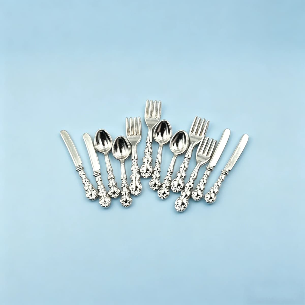 12Pcs 1:12 Scale Mini Dollhouse Cutlery Set, Metal Knife Fork Spoon, Kitchen Furniture Toy