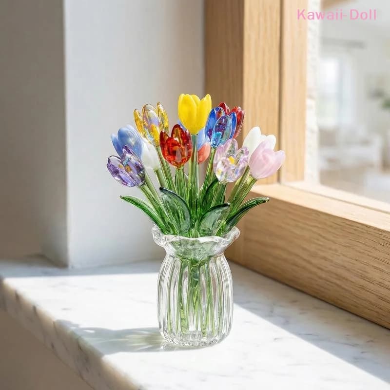 1Set Dollhouse Simulation Mini Flowers Handcrafted Floral Sculpture Floral Bouquet With Vase Lifelike Glass Flowers Gift