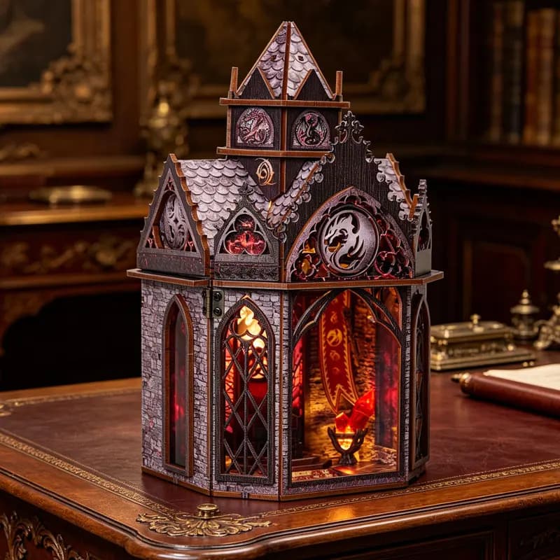 Zuuton Dark Gothic Dragon Sanctuary Book Nook DIY Wooden Miniature Castle Kit LED Light 3D Puzzle Bookshelf Decor Handmade Gifts
